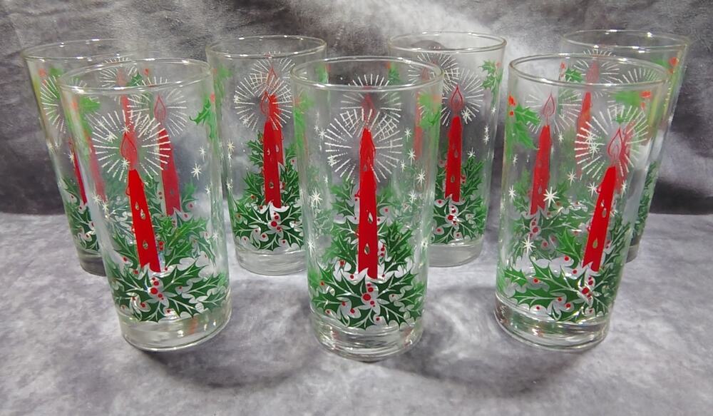 Vintage MCM Christmas Libbey Holly Candle Drinking Glasses 12oz Set Of 7 W/Box